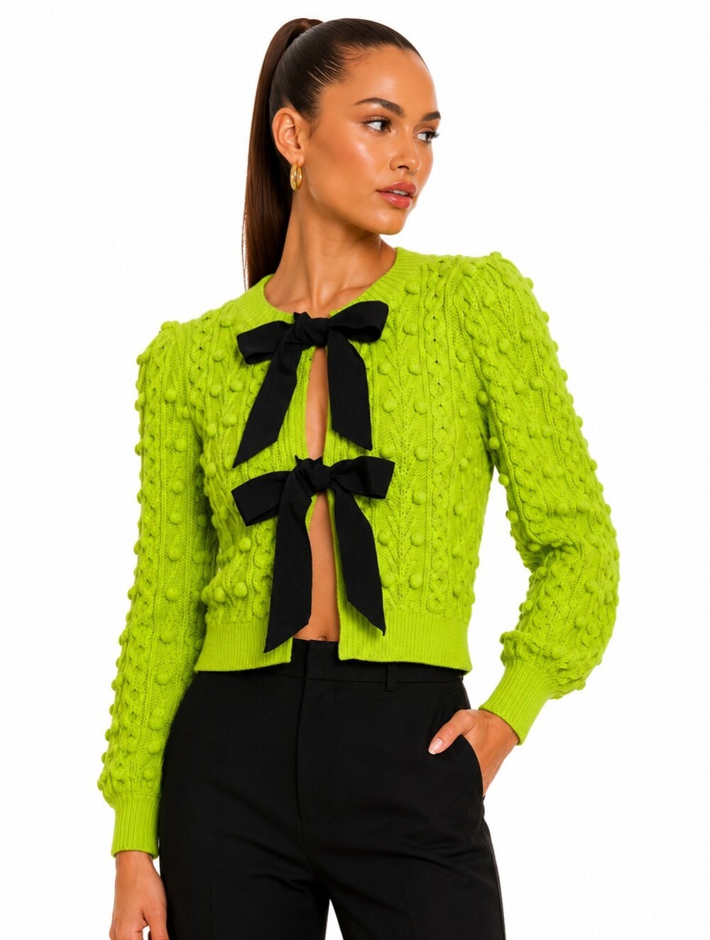 Alice + Olivia Lime Green Kitty Bow Puff Sleeve Cardigan M - Picture 4 of 14